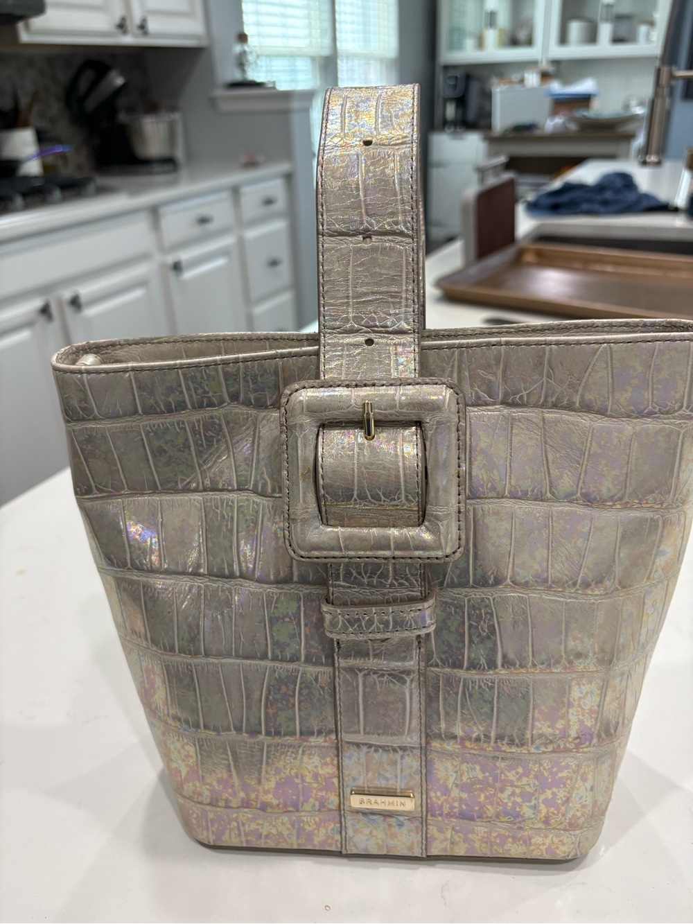 Brahmin Faith ivory calypso Iridescent Pearl Croc-Embossed Tote
